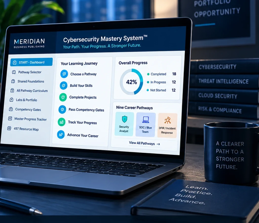 The Meridian Cybersecurity Mastery System Master Curriculum open on a laptop, showing the START dashboard, the eight-step learning journey, overall progress and the nine career pathways.