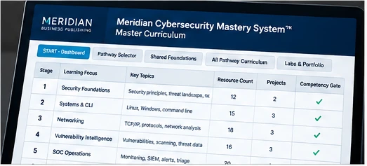 The Master Curriculum sheet, listing each stage with its learning focus, key topics, resource count, project count and competency gate.