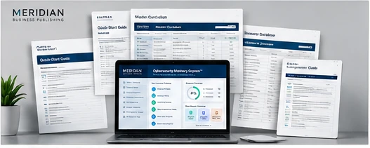 The five buyer-facing deliverables laid out together: the Master Curriculum workbook on a laptop, the Quick-Start Guide, the Companion Guide, the Buyer README and the 539-resource database.